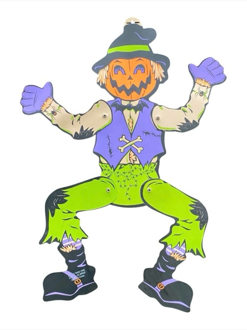 Vintage Halloween Scarecrow Pumpkin Jointed Plastic Wall Hanging Die Cut 03 24”